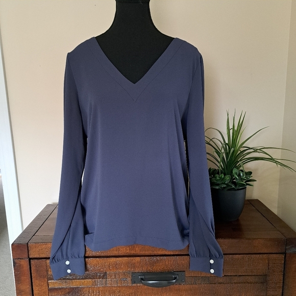 Loft Blouse Tie Back Blue Women's Small V-neck Long Sleeved Gathered Shoulder - Picture 6 of 16